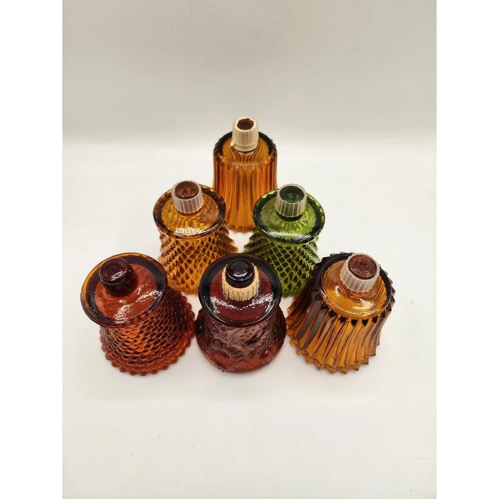 Vintage Votive Cup Peg Candle Holders Amber Green Glass Diamond Hobnail Fluted